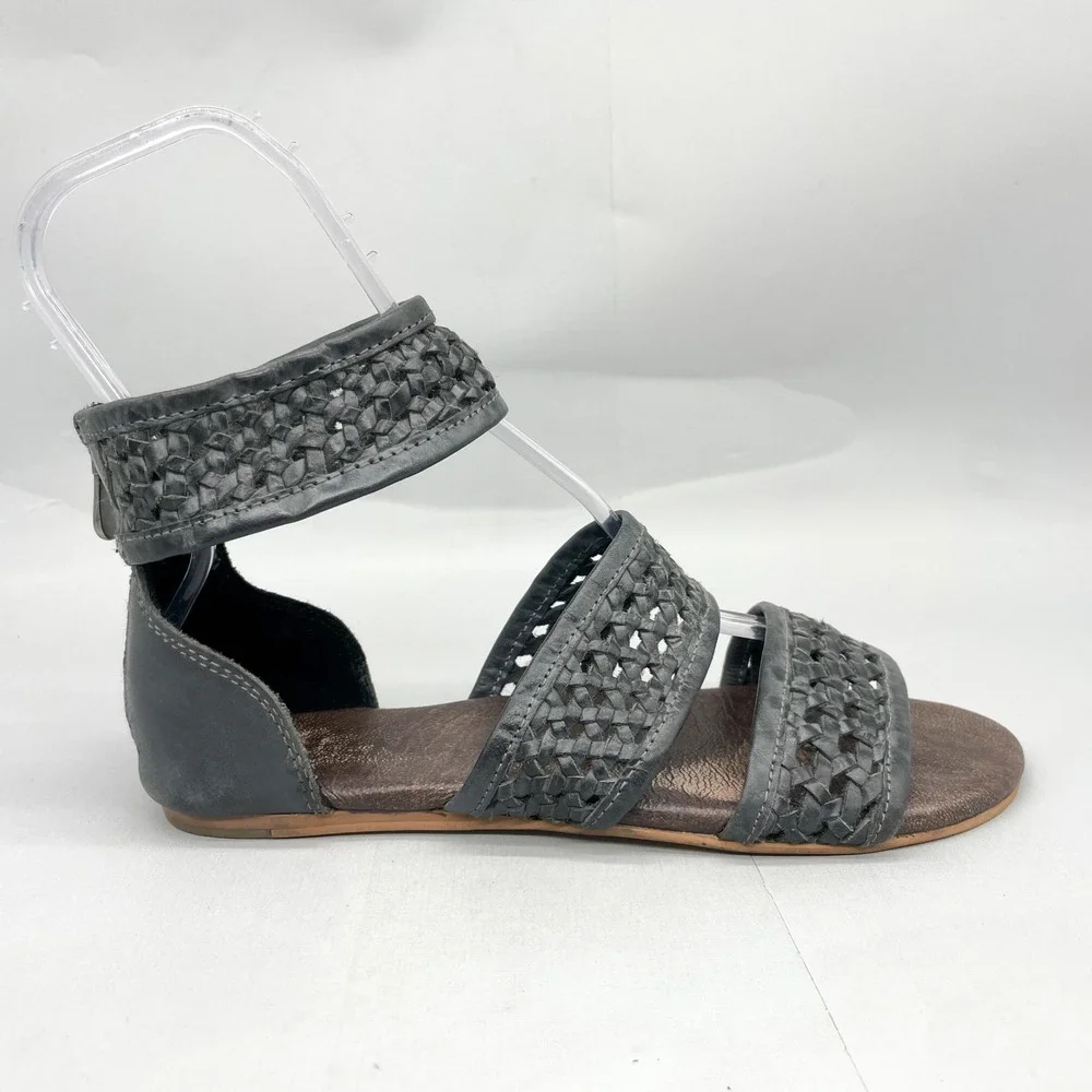 ROAN Bed Stu Womens 10 Clio Sandals Black Woven Leather Gladiator Zip Flats Boho